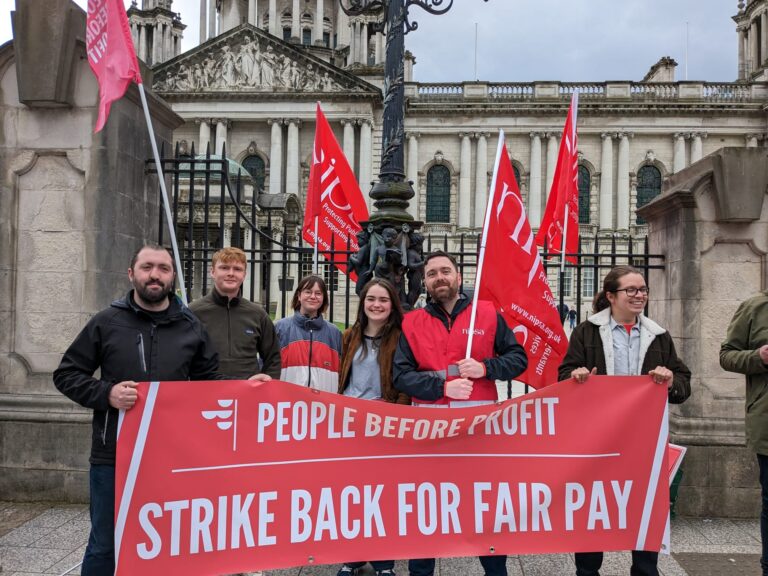 People Before Profit members and activists standing with strikers at Belfast City Hall 26 April 2023 Civil Service Strike Teachers Strike Strike Back for Fair Pay