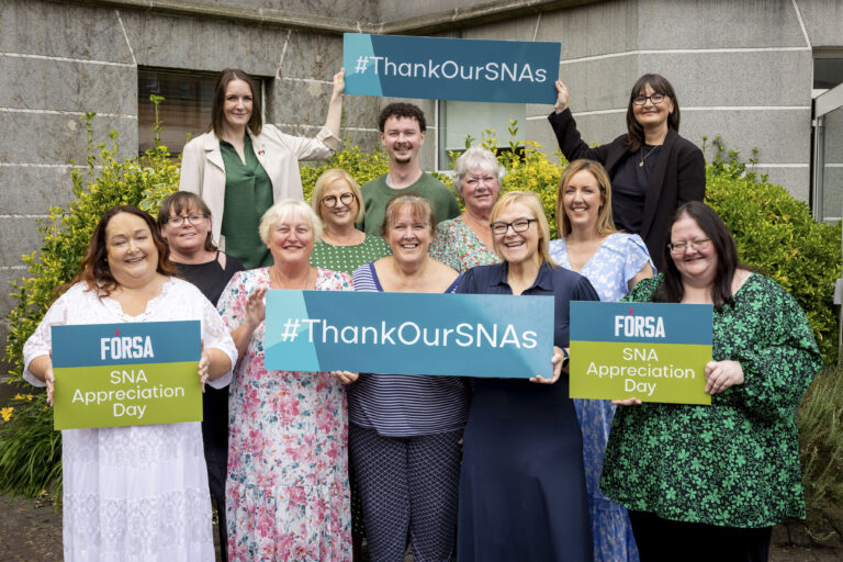 Photo of 12 Forsa Education Branch activists advertising the FIRST SNA APPRECIATION DAY 2024 Photography: Conor Healy / Picture It Photography